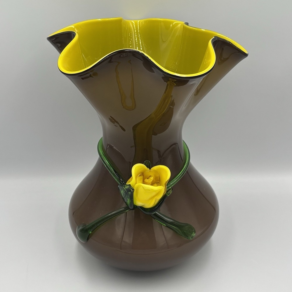 Murano Style "Purplish" And Yellow 3-D Rose Cased Glass Vase With Ruffled Top